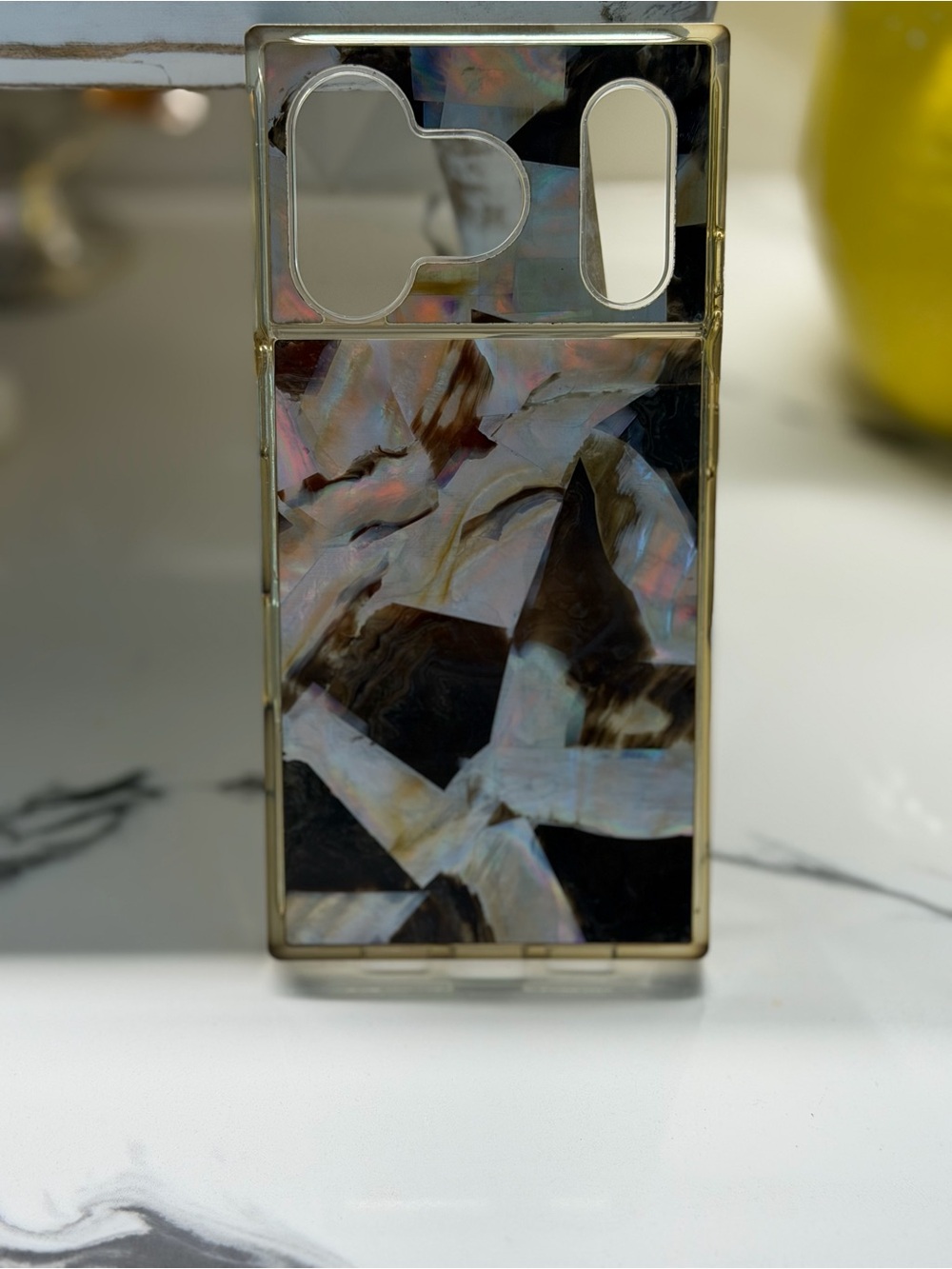 Flaunt Iridescent Black Mother-of-Pearl Phone Case with Gold Trim
